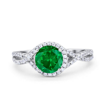 Halo Twisted Engagement Ring Simulated Green Emerald CZ 925 Sterling Silver